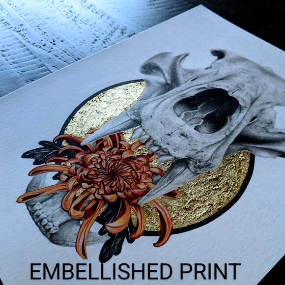 Original Art Print Skull and Chrysanthemum Fine Art Gold Leaf Embellished - Picture 3 of 4